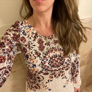 long flaired sleeve maroon print short beige dress